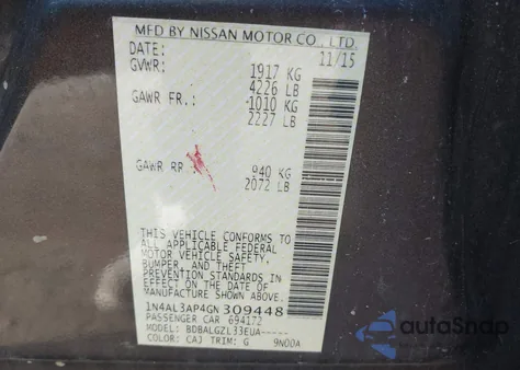 2016 Nissan Altima 2.5/2.5 S/2.5 Sl/2.5 Sr/2.5 Sv из США, поврежденный, VIN 1N4AL3AP4GN309448